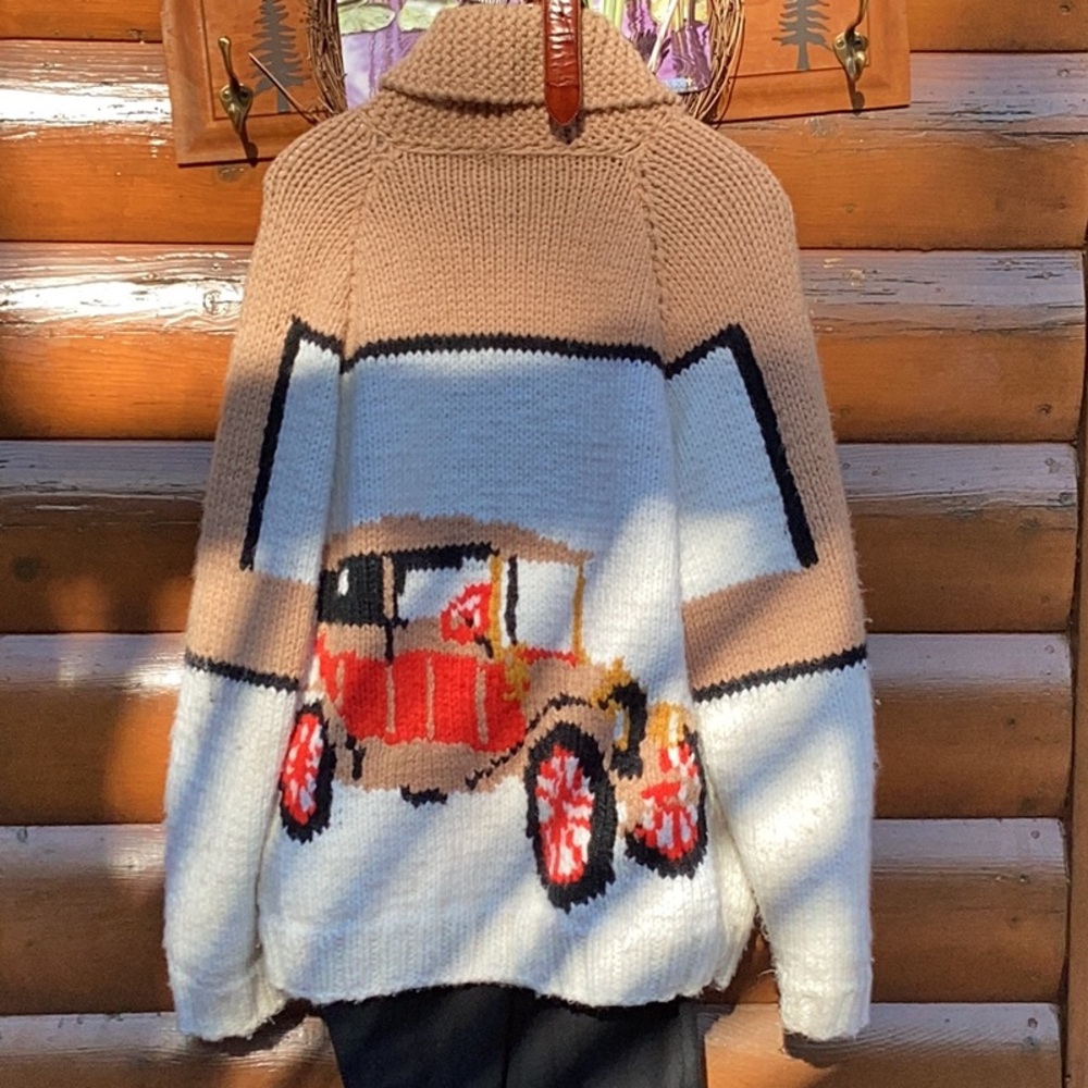 🛻 Vtg Handknit Cowichan Inspired Zip Cardigan Sweater Truck UNISEX LG/XL EPLVC